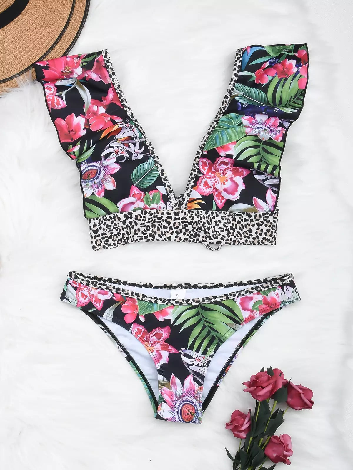 TROPICAL - Bikini with leopard print & ruffles